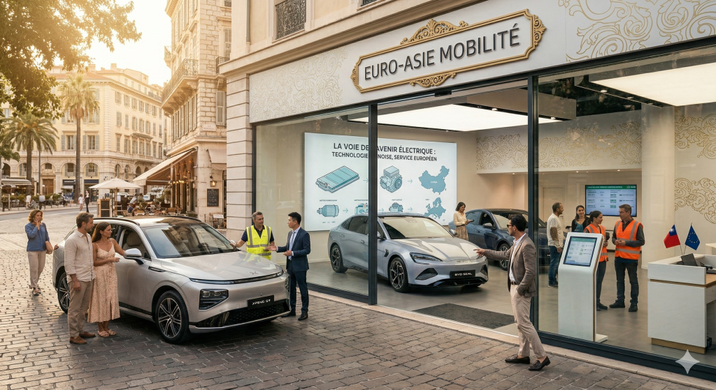 Concession affichant des modèles électriques chinois en Europe du Sud