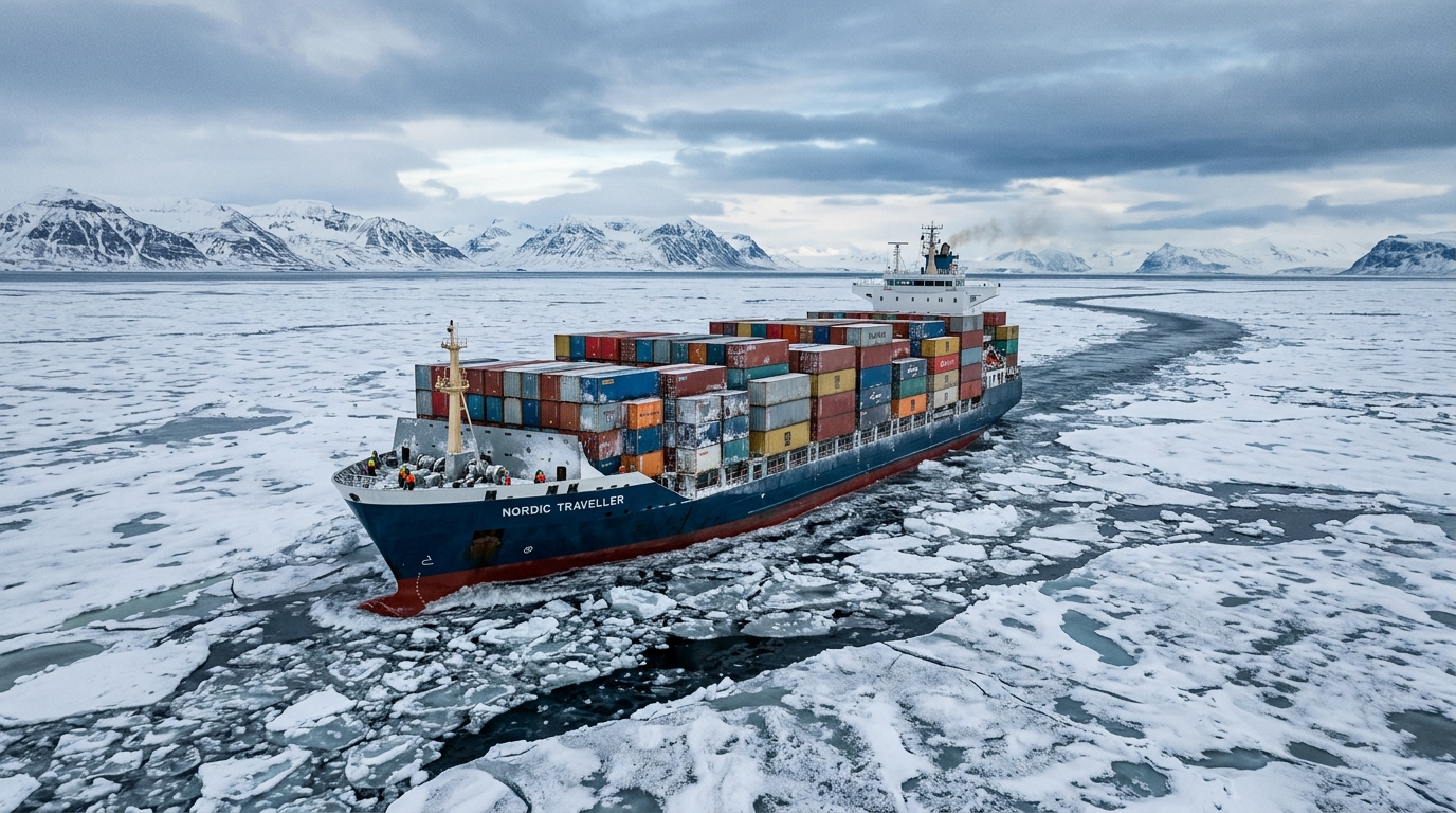 Cargo sur une mer polaire partiellement gelée