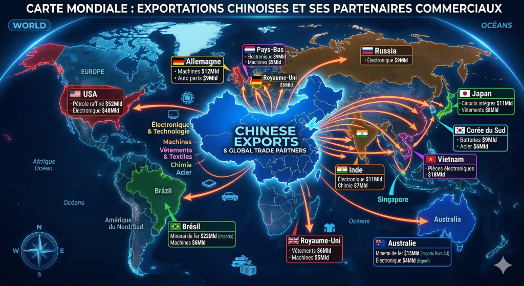 carte mondiale montrant les exportations chinoises et ses partenaires commerciaux