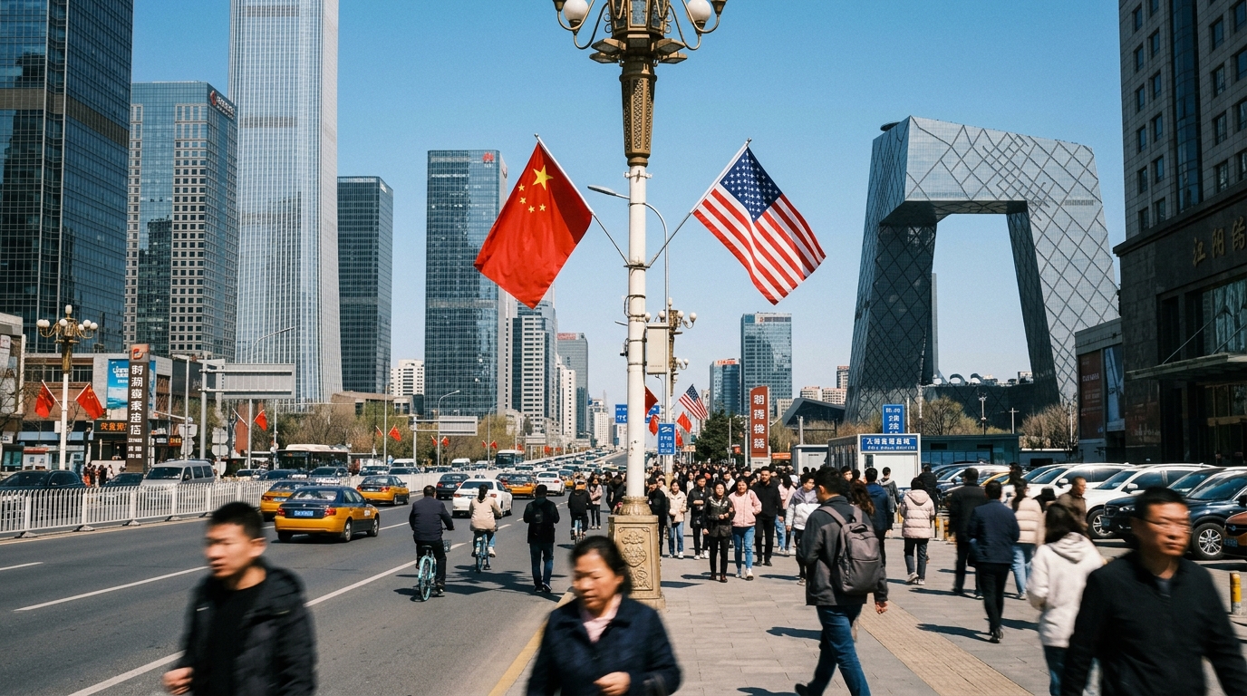 Drapeaux chinois et américains à Pékin
