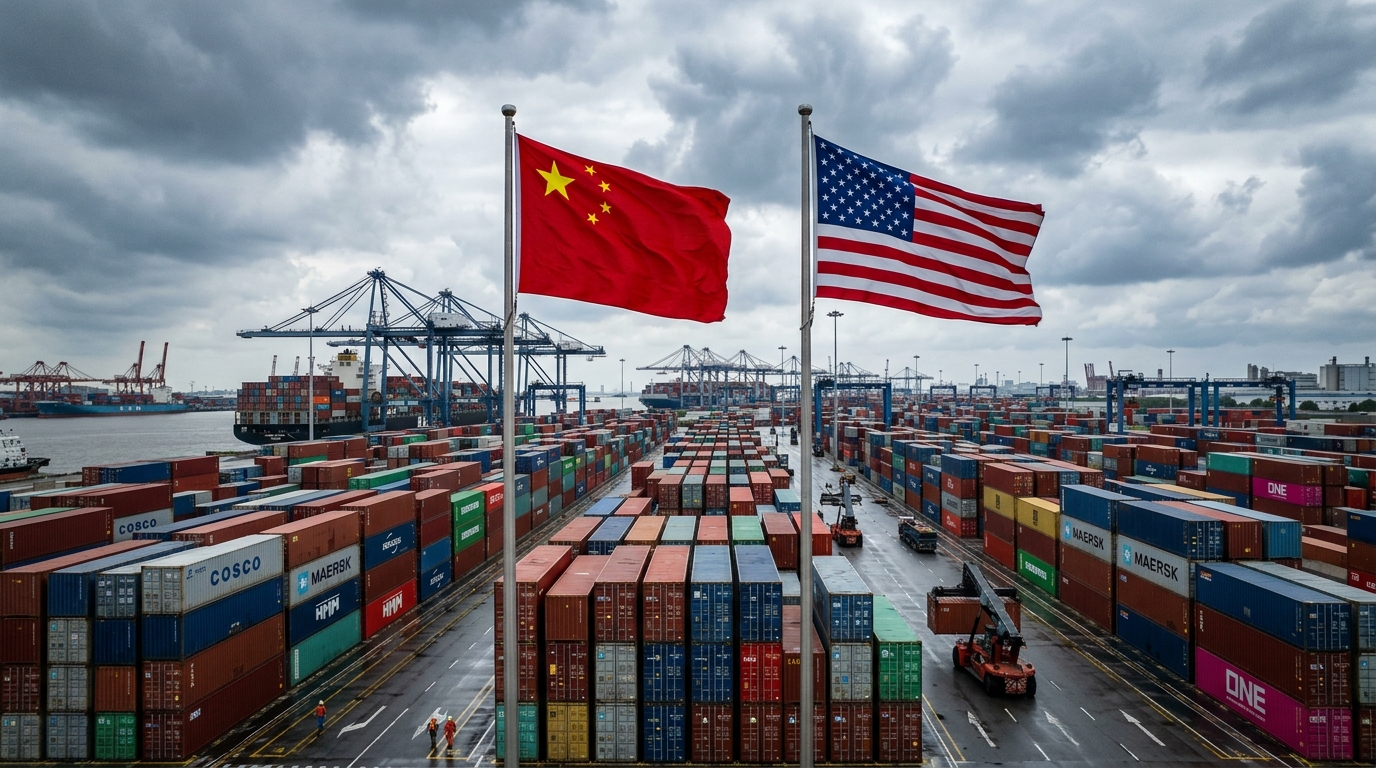 Drapeaux de la Chine et des États-Unis devant des conteneurs