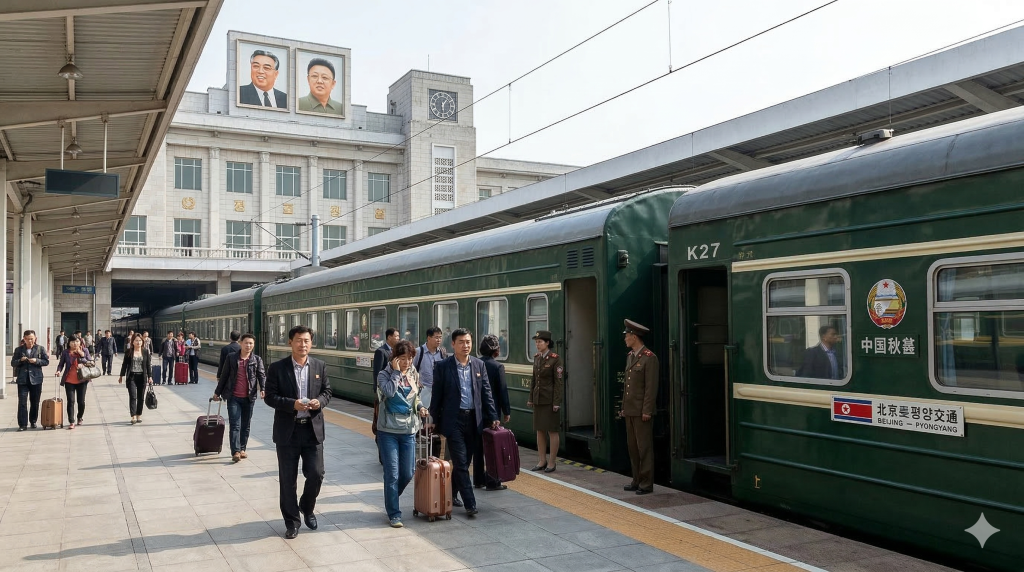 gare de pyongyang avec train international en provenance de chine