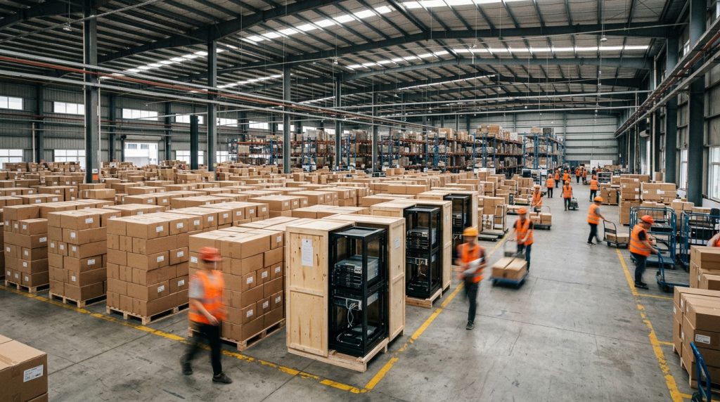 Hub logistique en Asie avec caisses anonymes et serveurs en transit