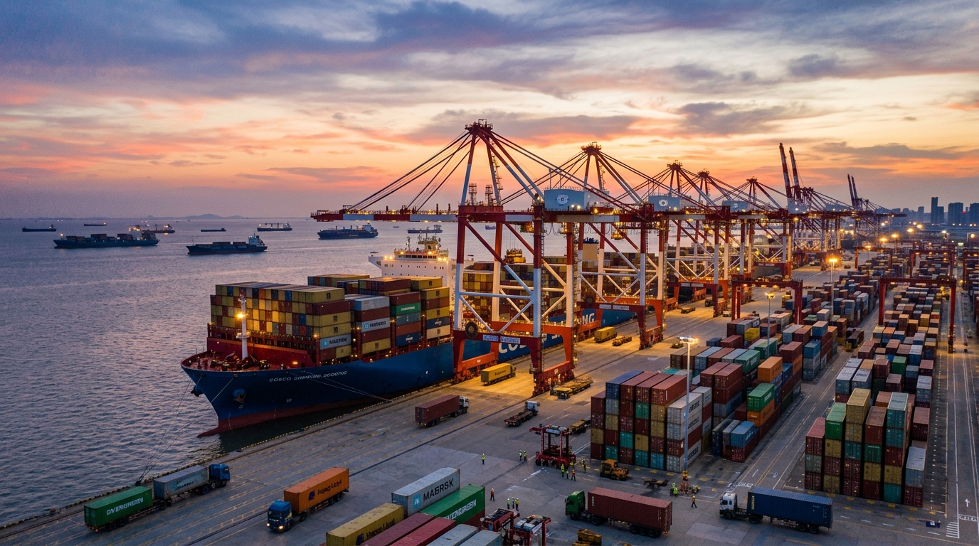 Port à conteneurs en Chine au crépuscule