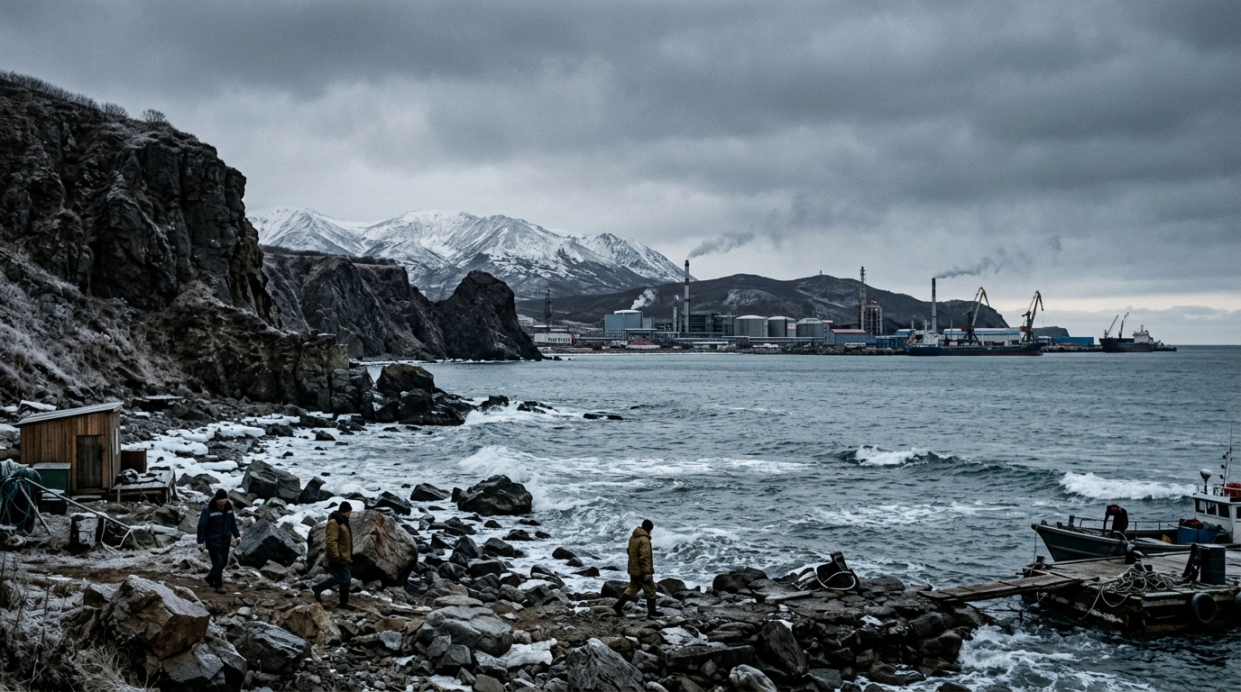 Rivage arctique avec installations au loin