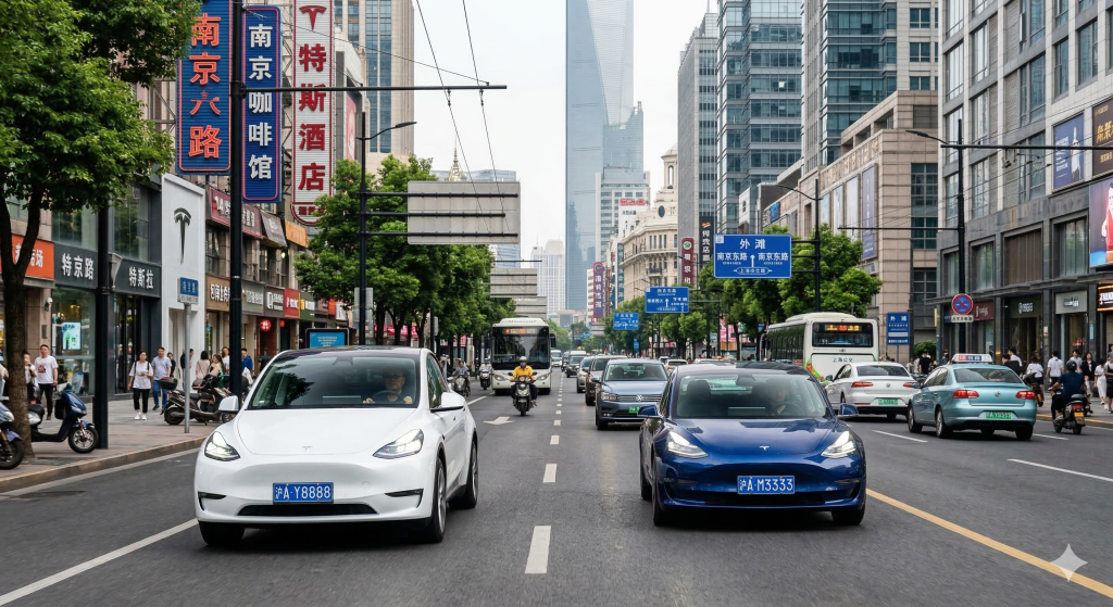 tesla model y et model 3 sur une route chinoise en ville