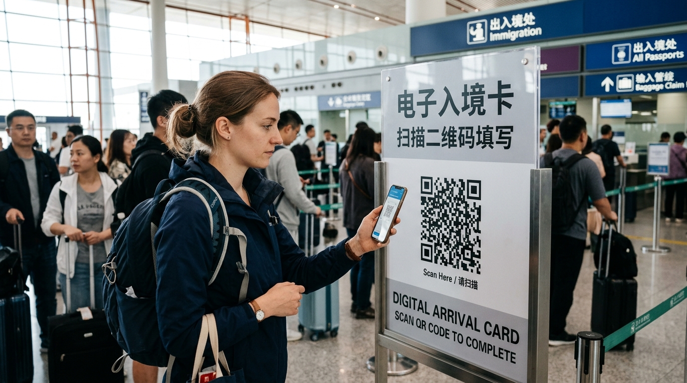 Touriste scannant un QR code à Pékin