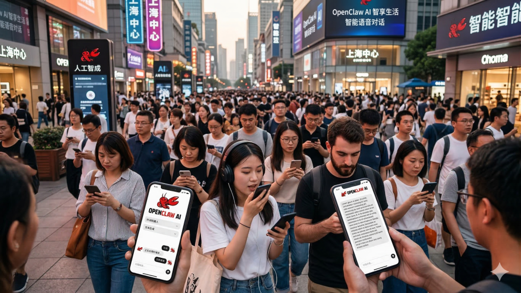 une foule de chinois utilisant l'application IA openclaw