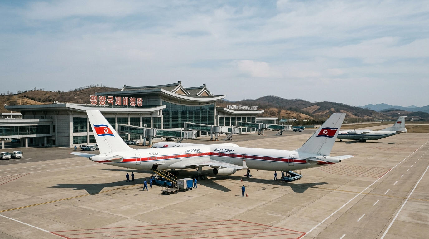Aéroport de Pyongyang avec avion au sol