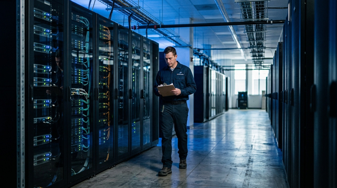 Allée de data center avec serveurs et ingénieur