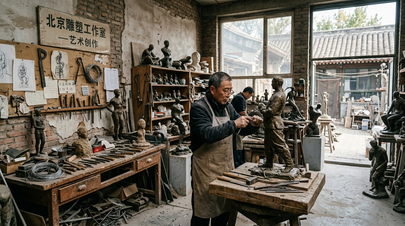 Atelier d'artiste avec sculptures en bronze