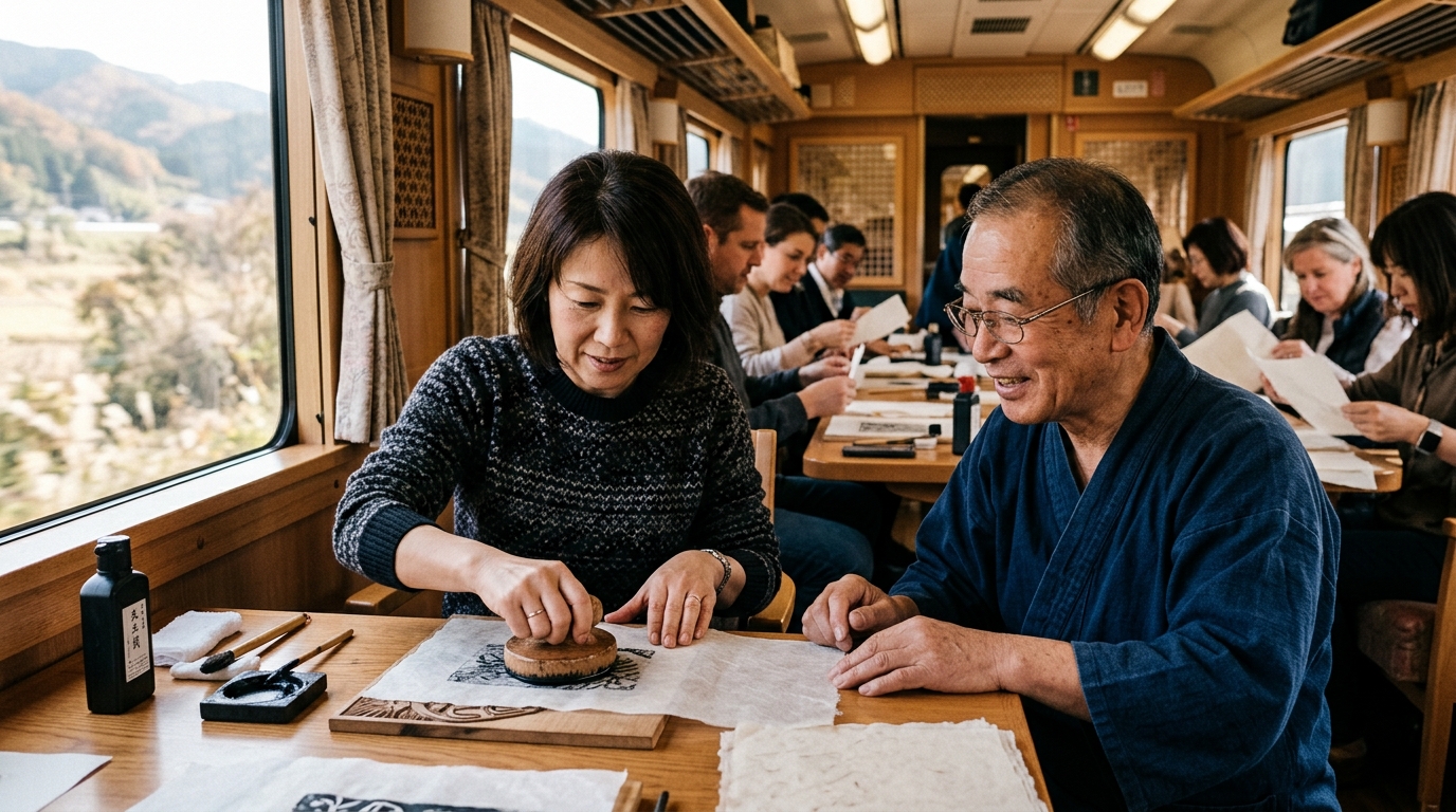 Atelier de papier d'écorce de mûrier à bord du train