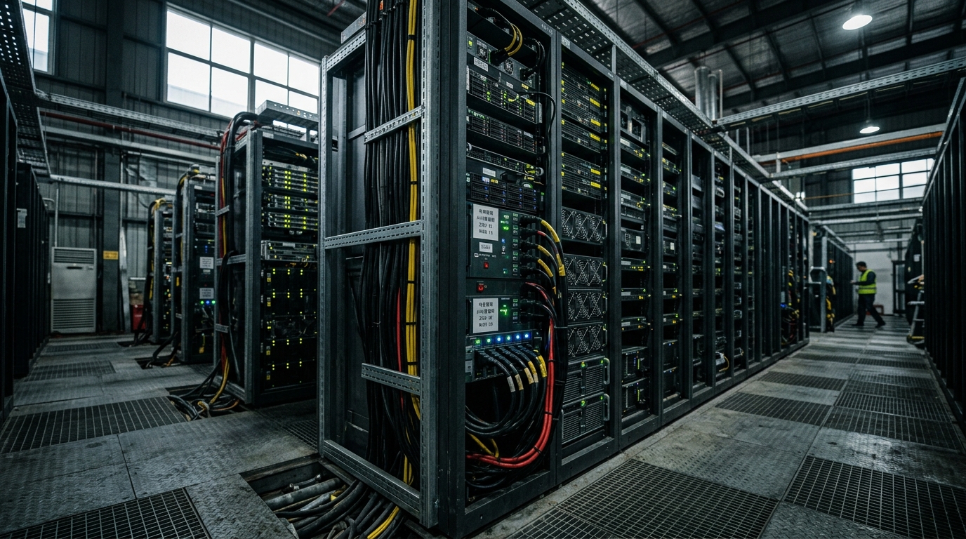 Baies serveurs d'un data center IA avec modules d'alimentation