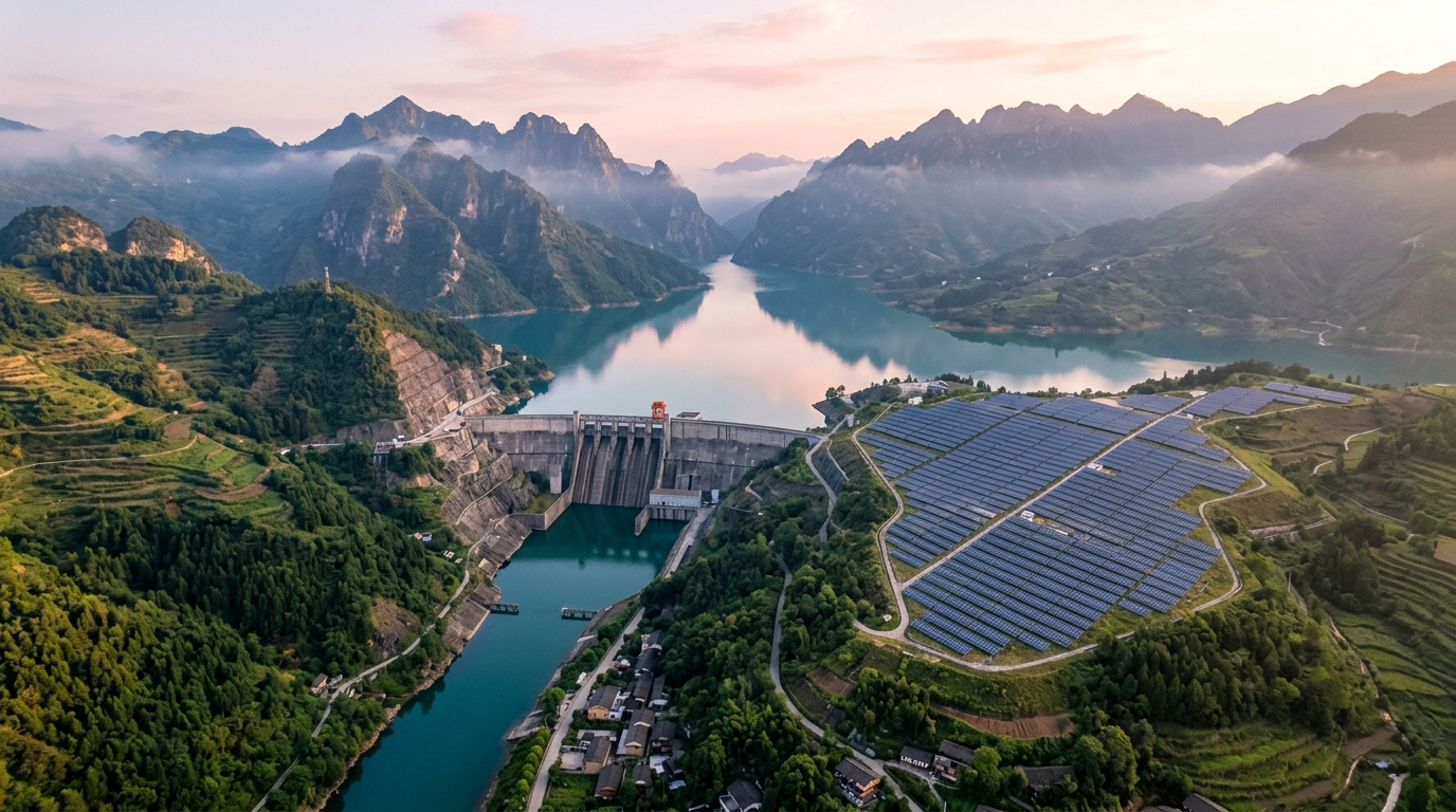 Barrage et panneaux solaires intégrés dans les montagnes du Sichuan