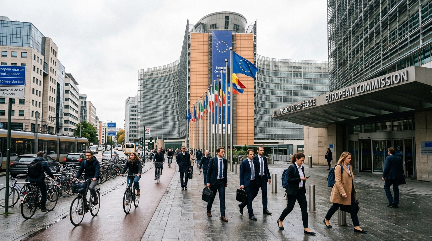 Bâtiments de l'UE à Bruxelles avec drapeaux