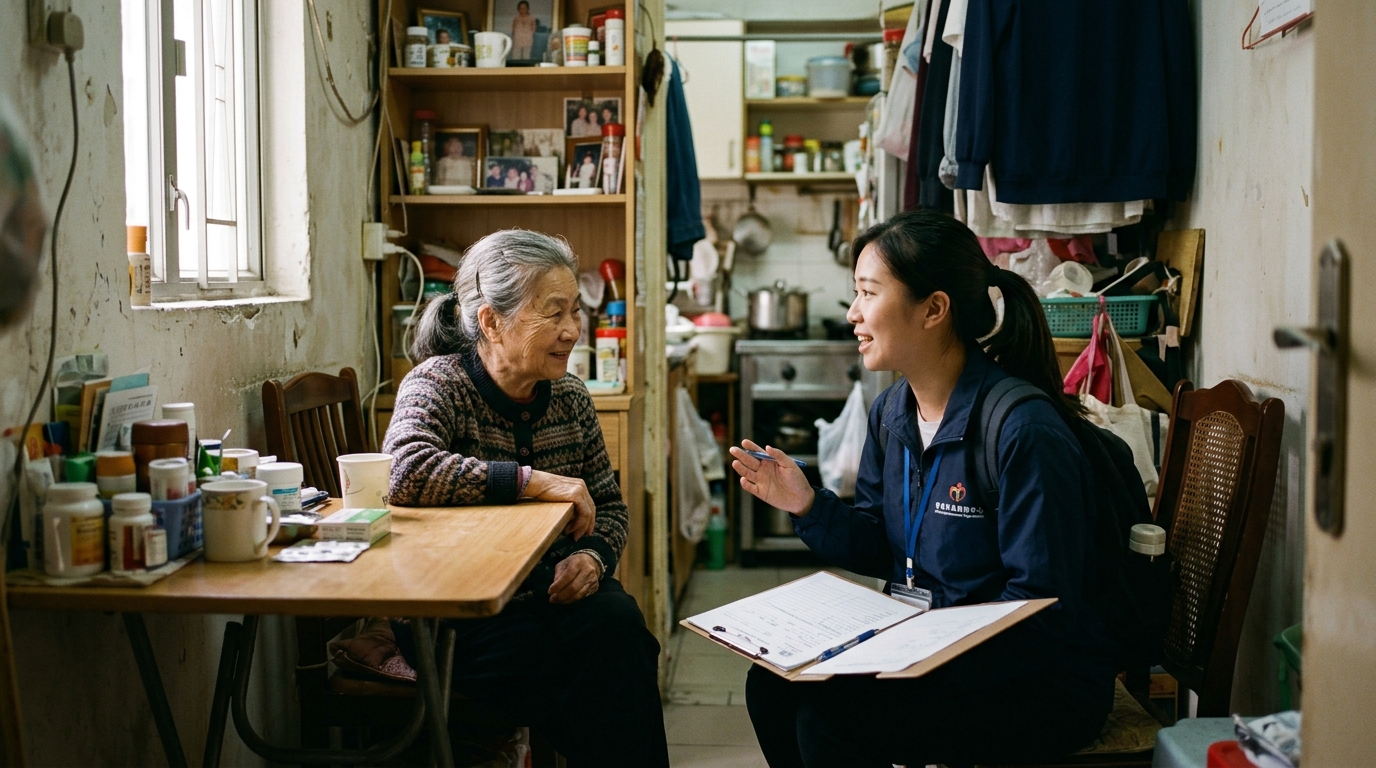 Bénévole d'ONG discutant avec un résident dans un micro-logement