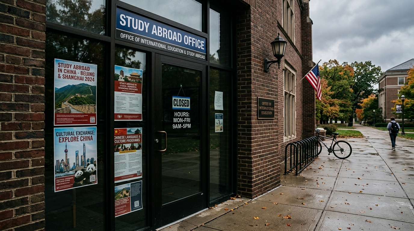 Bureau d'échanges universitaires fermé avec affiches sur la Chine