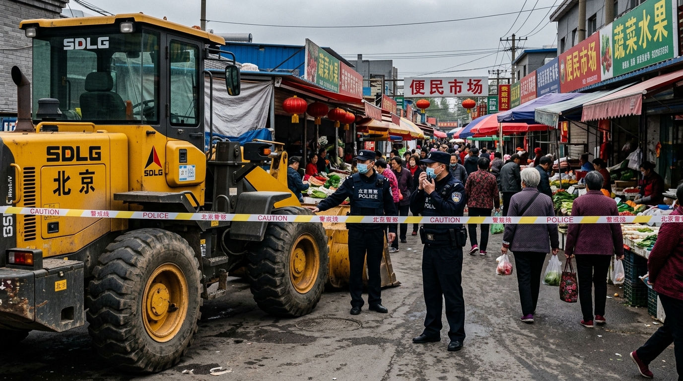 Chargeuse à pneus près d'étals de marché à Pékin