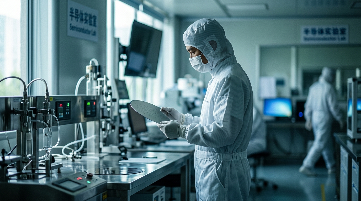 Chercheur en laboratoire tenant une wafer de semi-conducteurs