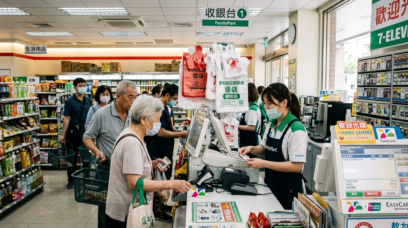 Clients à une caisse avec des sacs plastiques en vue