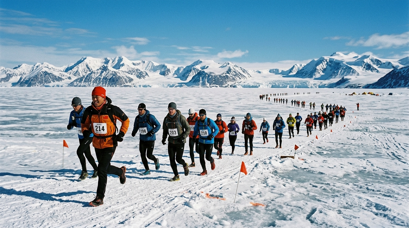Coureurs sur la banquise en Antarctique