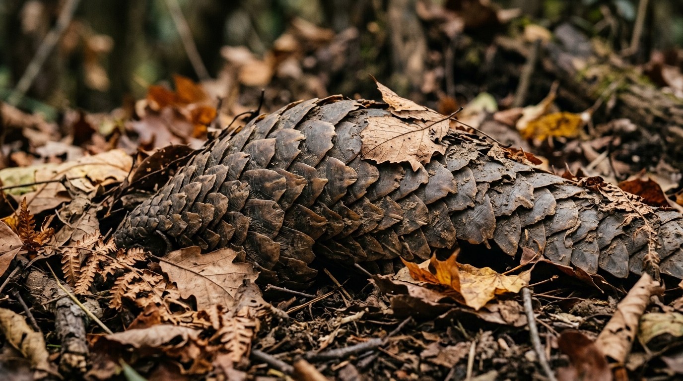Détail des écailles d’un pangolin dans la litière forestière
