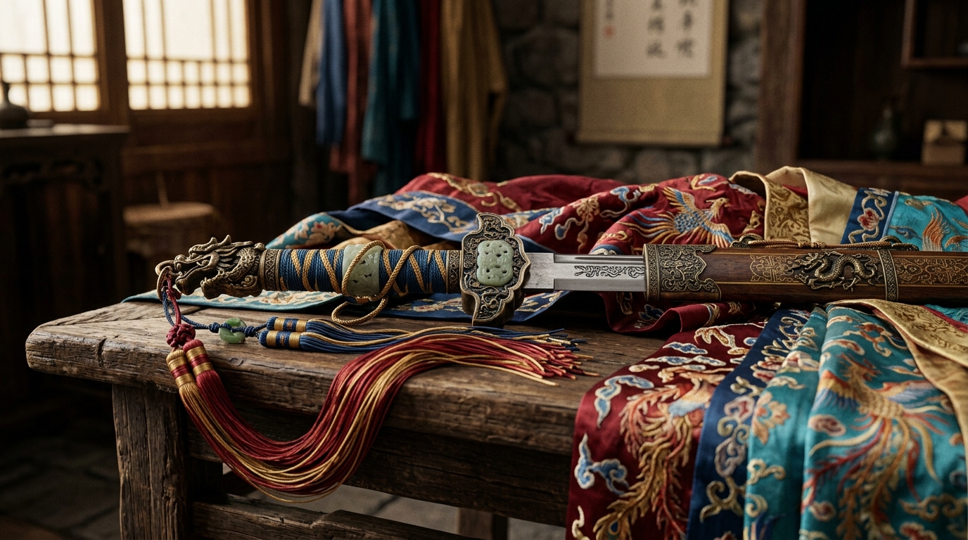 Détails de sabres et costumes wuxia