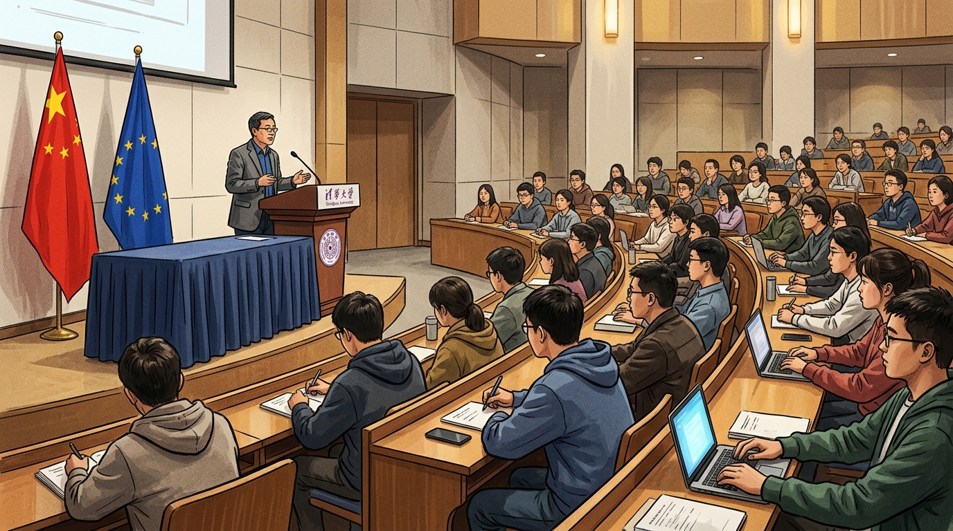 Discours à l'université Tsinghua avec drapeaux chinois et européens
