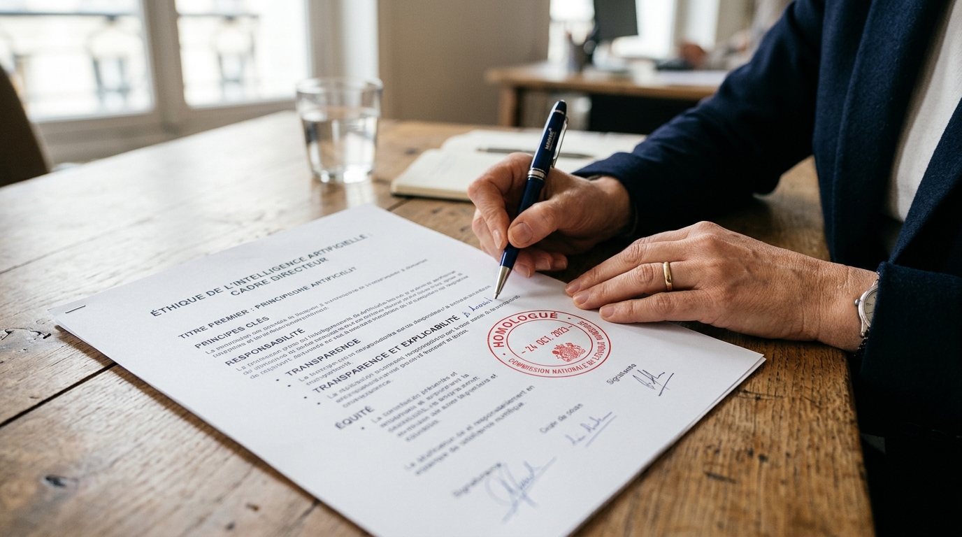 Document d'éthique de l'IA avec tampon officiel