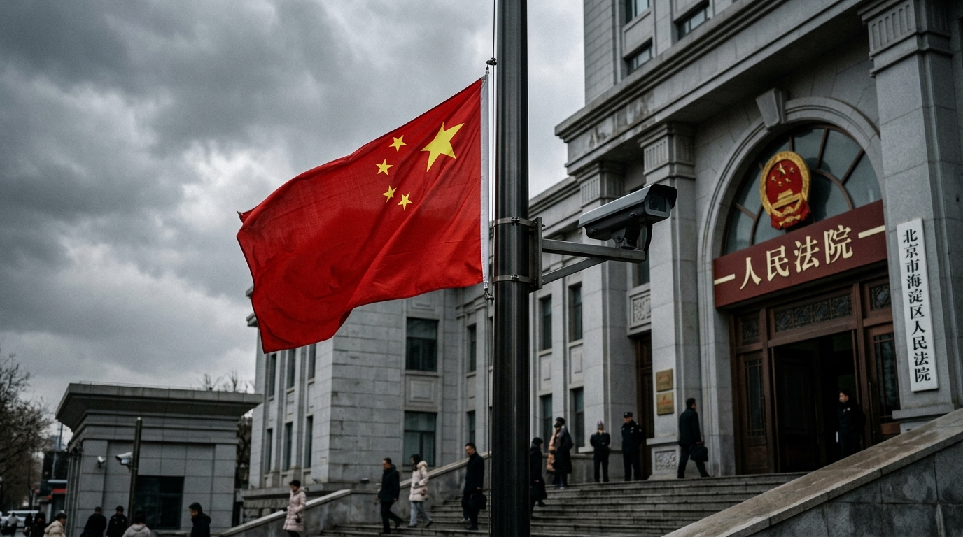 Drapeau chinois devant un tribunal