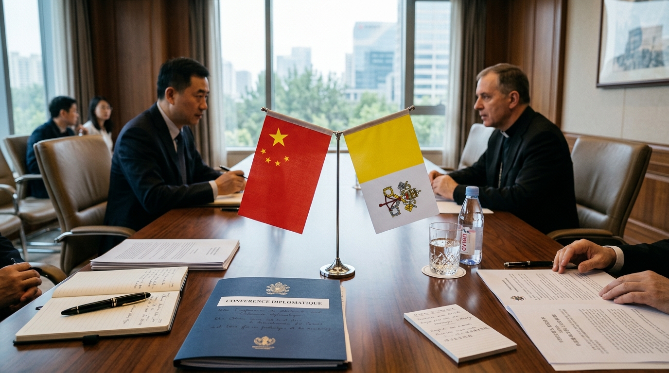 Drapeaux de la Chine et du Vatican sur une table de réunion