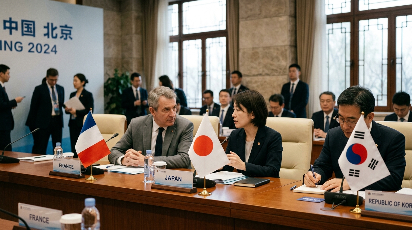 Drapeaux de la France, du Japon et de la Corée du Sud sur une table