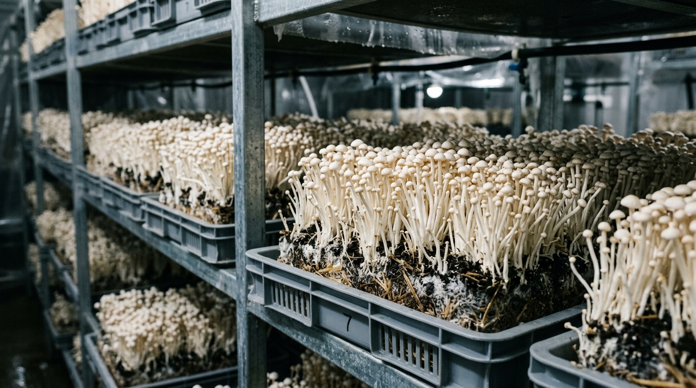Enoki cultivés en intérieur sur plateaux empilés