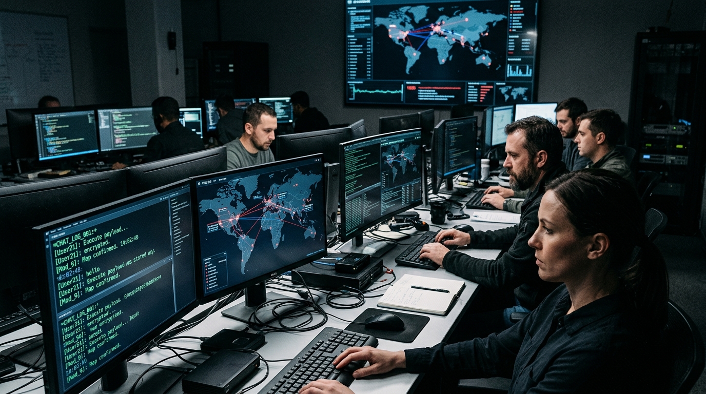 Équipe d'enquête face à des écrans avec messages codés