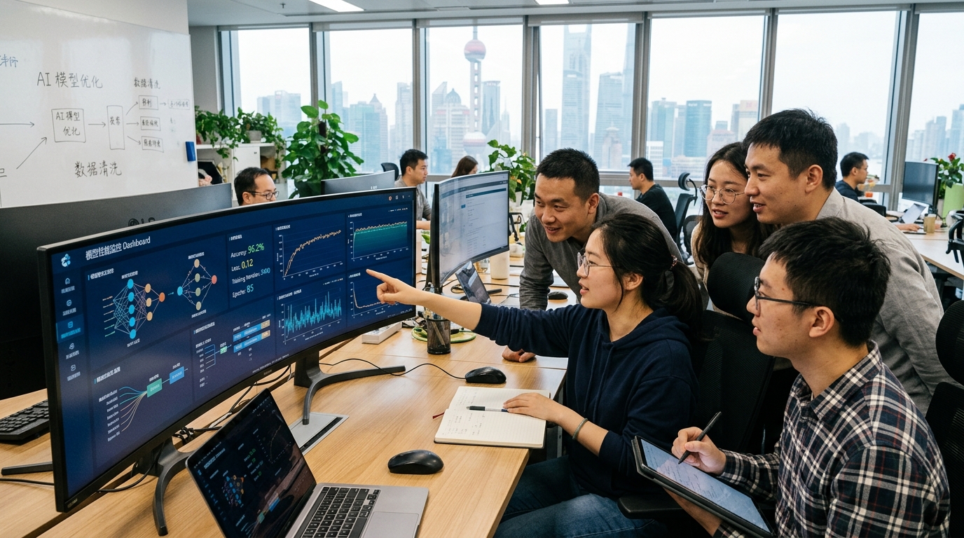 Équipe tech en Chine analysant des tableaux d'IA