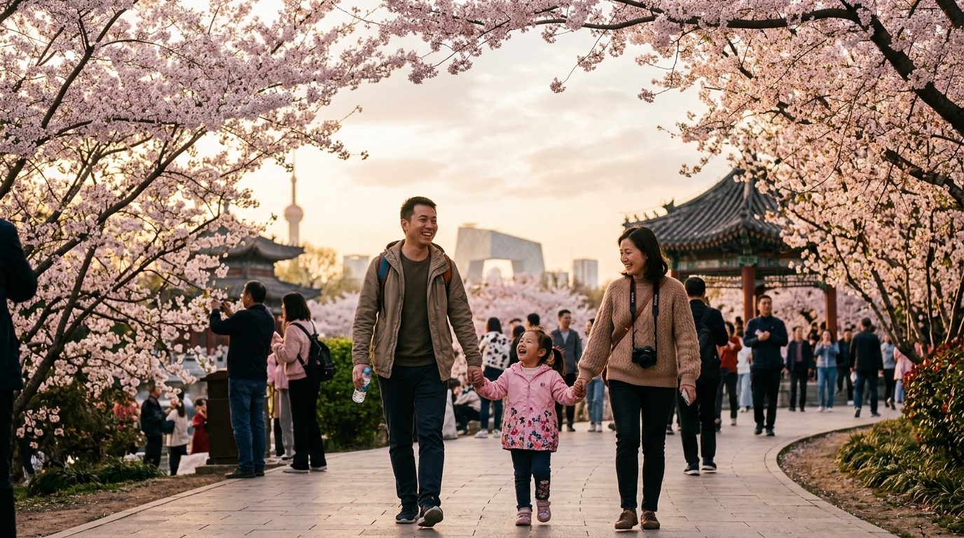 Famille sous les cerisiers à Pékin