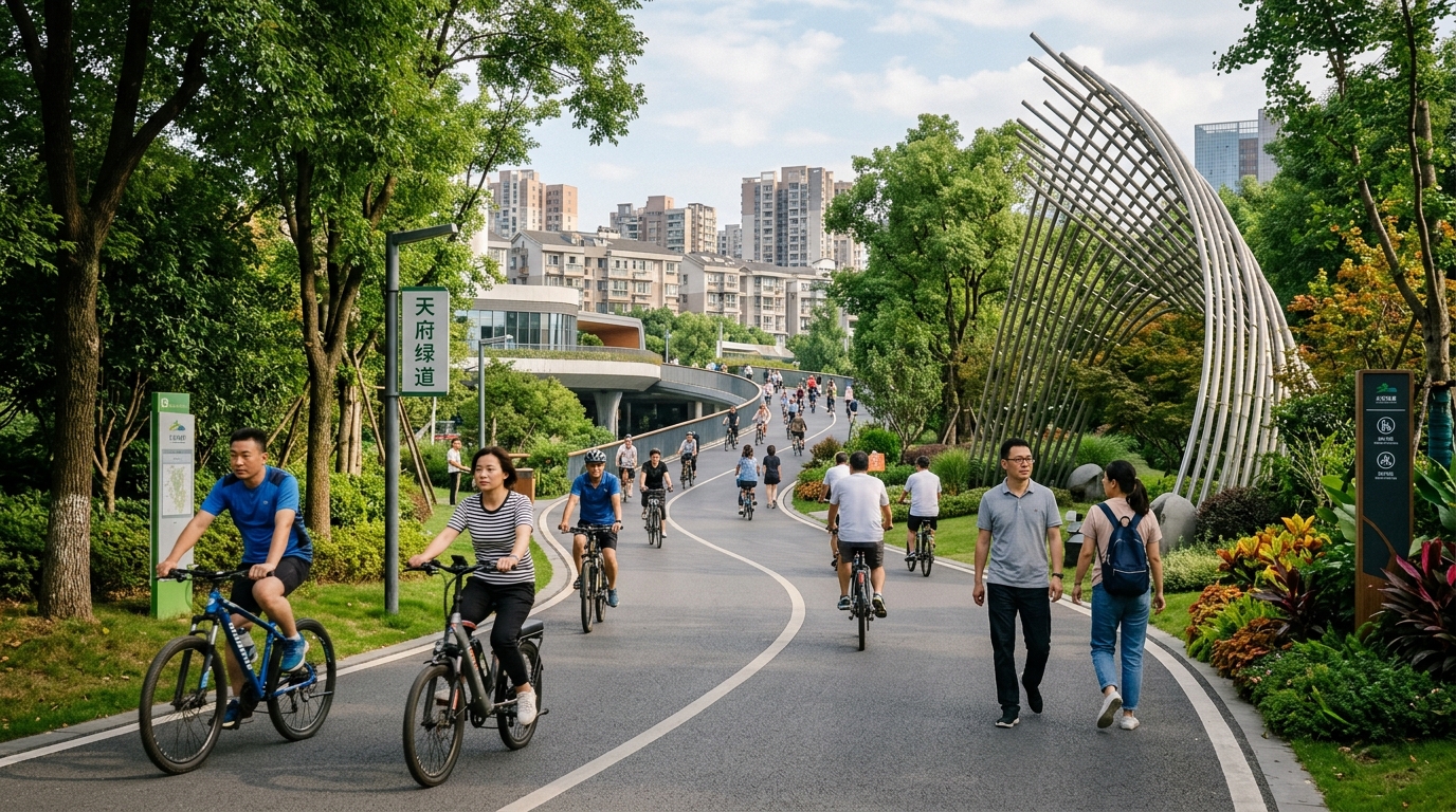 Greenway de Chengdu animée par piétons et cyclistes