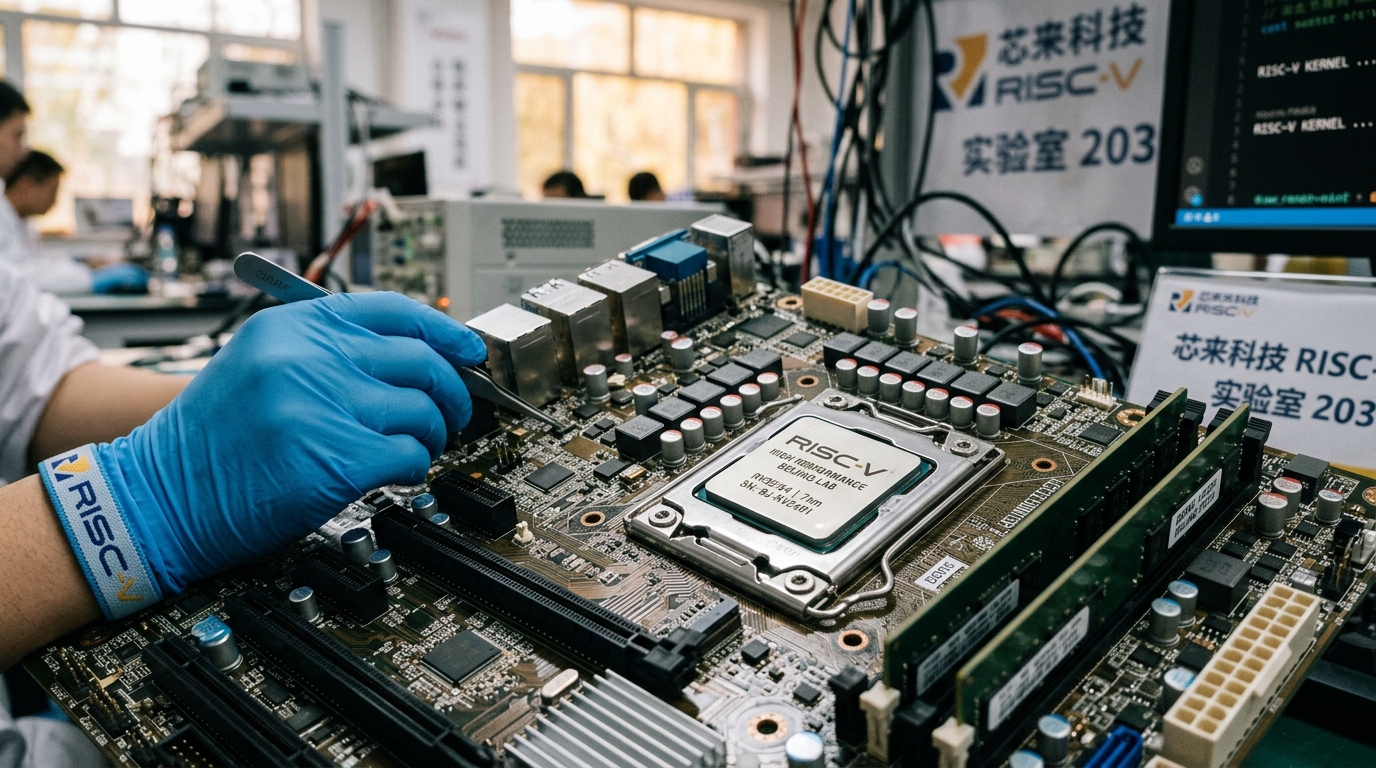 Gros plan d'un processeur RISC-V en laboratoire