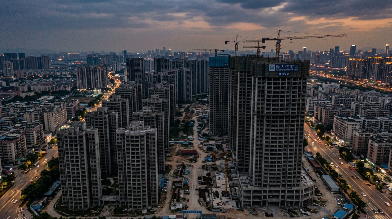 Immeubles résidentiels inachevés en Chine au crépuscule