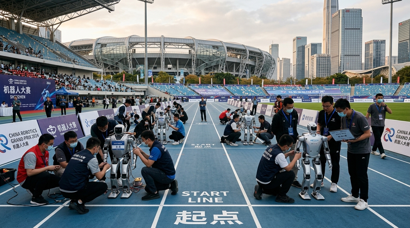 Ingénieurs préparant des robots près de la ligne de départ