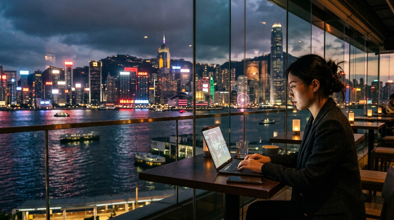 Jeune professionnel à Hong Kong utilisant une application d'IA