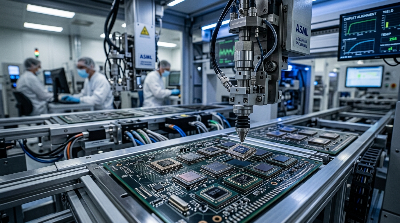 Ligne de packaging avancé avec chiplets et robots