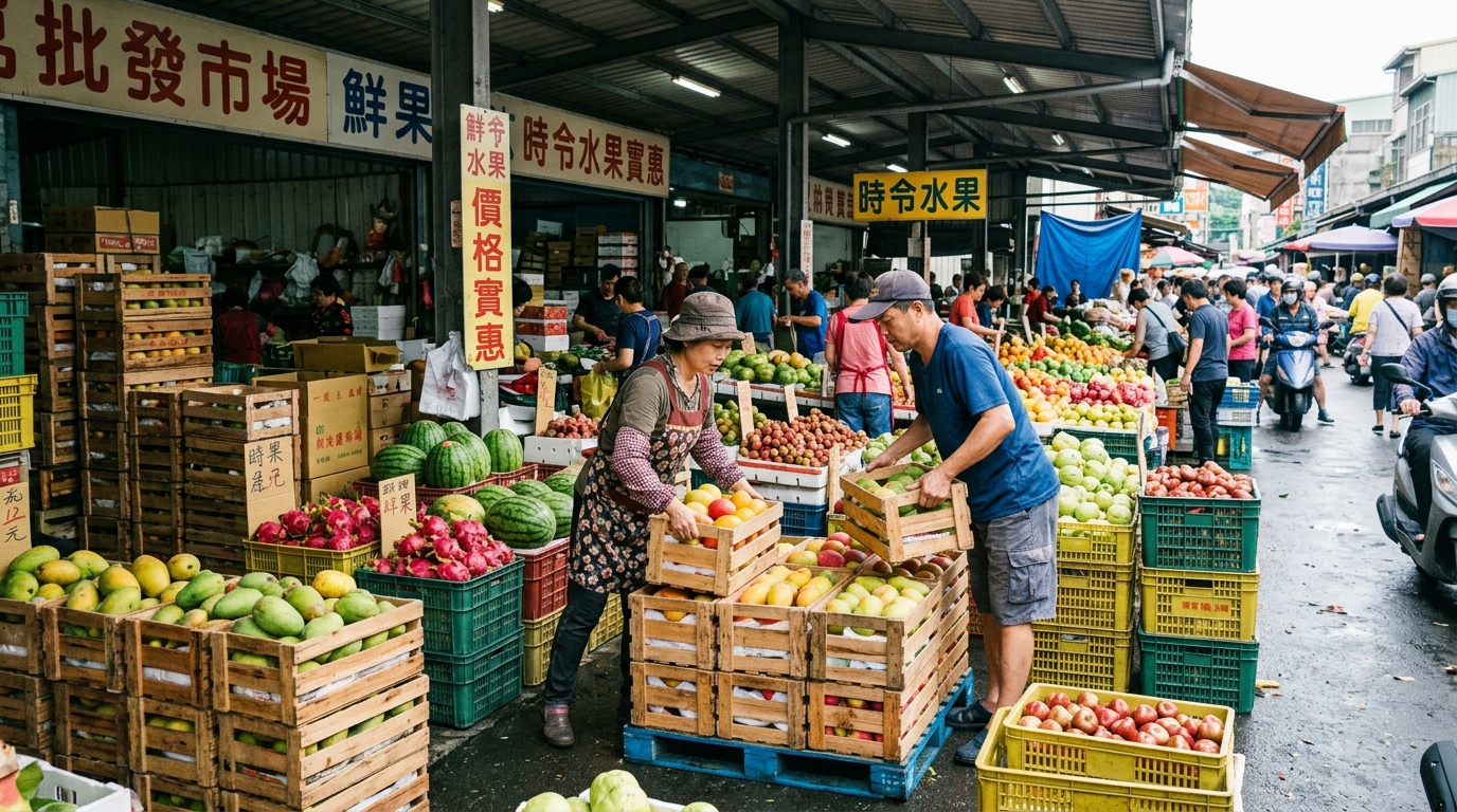 Marché de fruits taïwanais avec vendeurs et cagettes