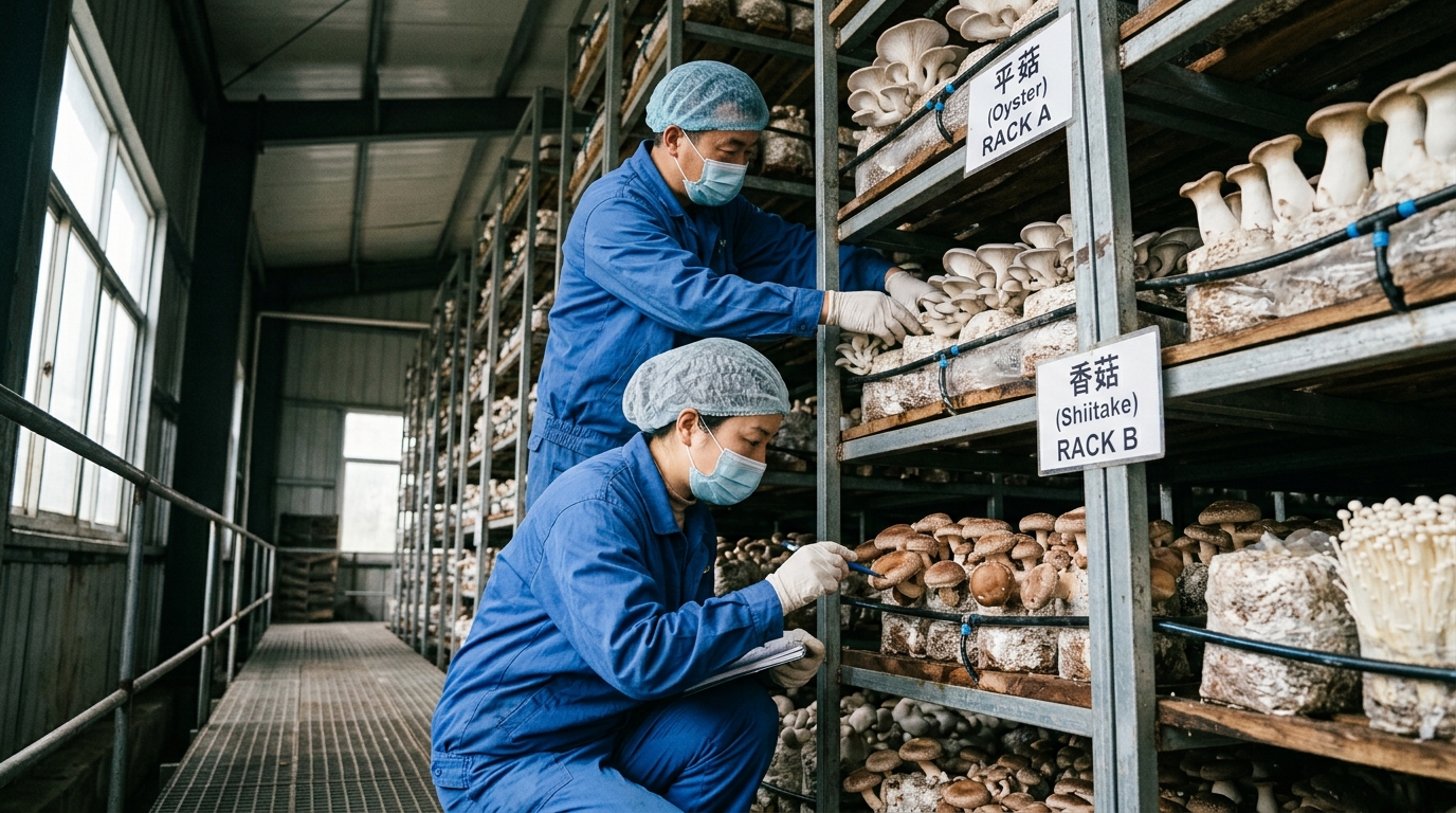 Opérateurs inspectant des racks verticaux de champignons