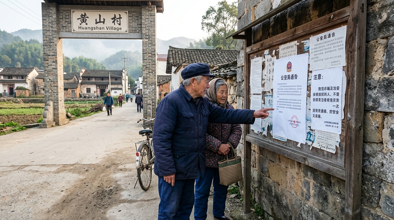 Panneau d'affichage dans un village chinois avec un avis de police