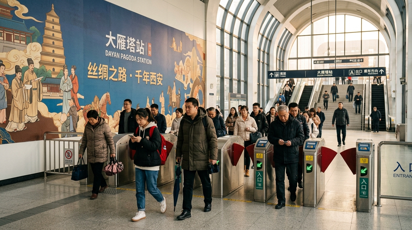 Passagers entrant dans la station à thème