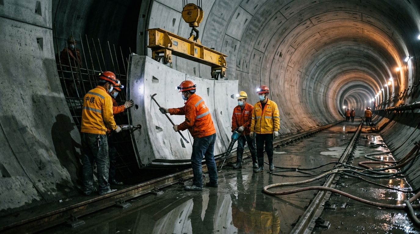 Pose de voussoirs en béton dans le tunnel