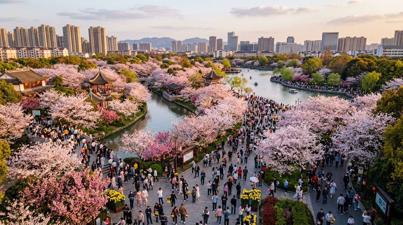 Promeneurs sous les arbres en fleurs durant Qingming