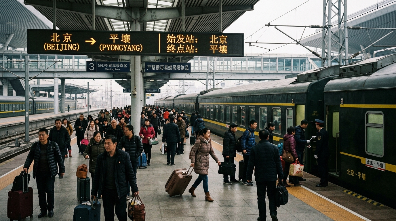 Quai de la gare de Pékin avec signalisation pour Pyongyang