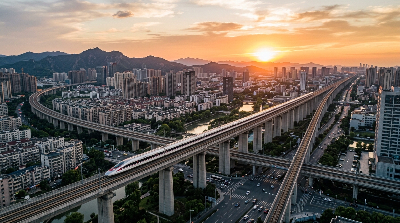 Réseau de TGV en Chine au coucher du soleil